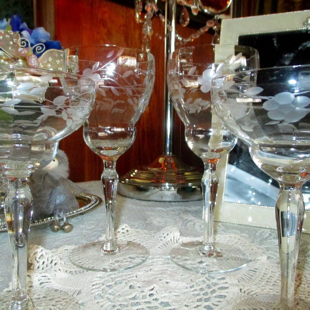 Vintage 50's Etched Floral Wine Glasses